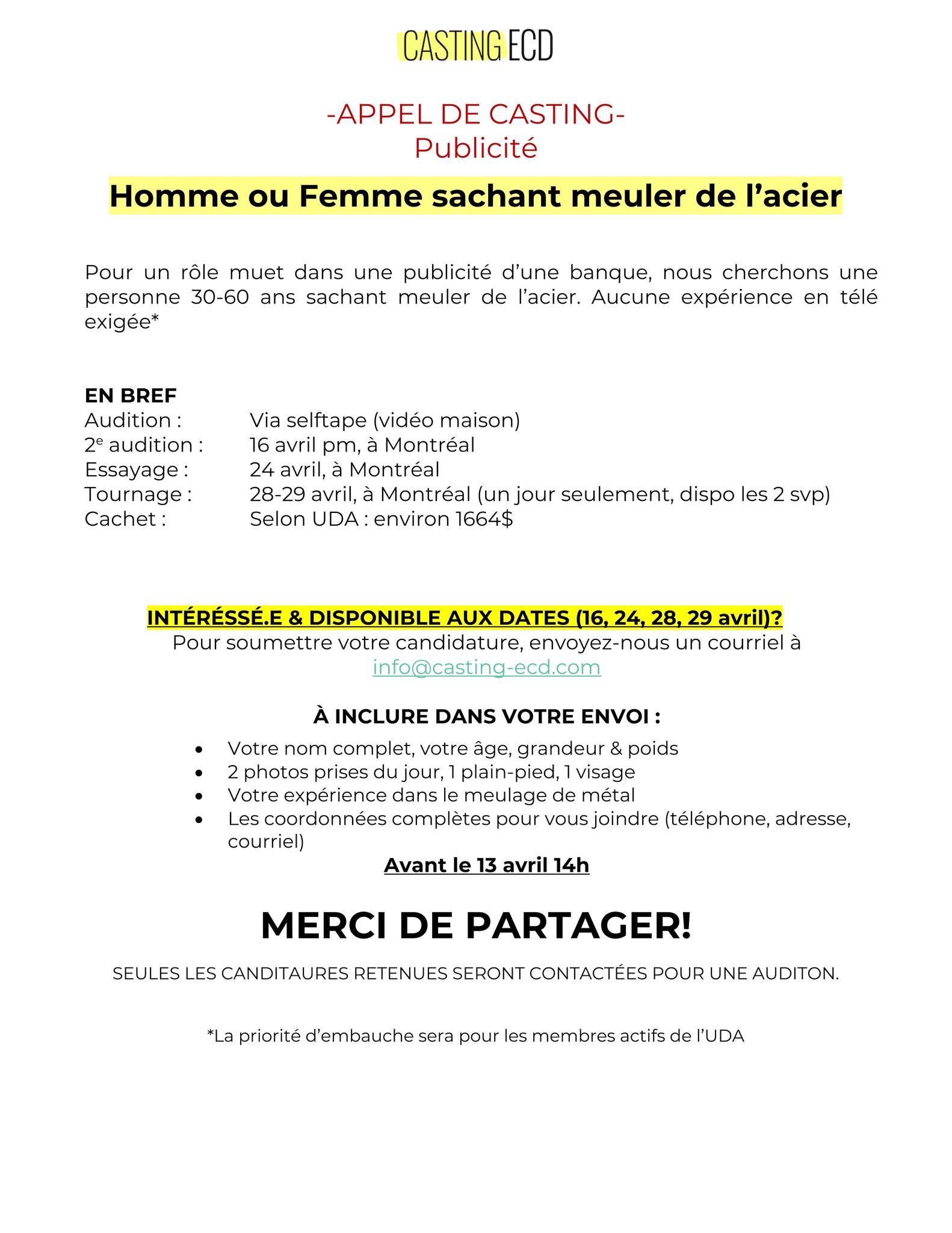 Casting publicité pour une personne sachant meuler de l’acier