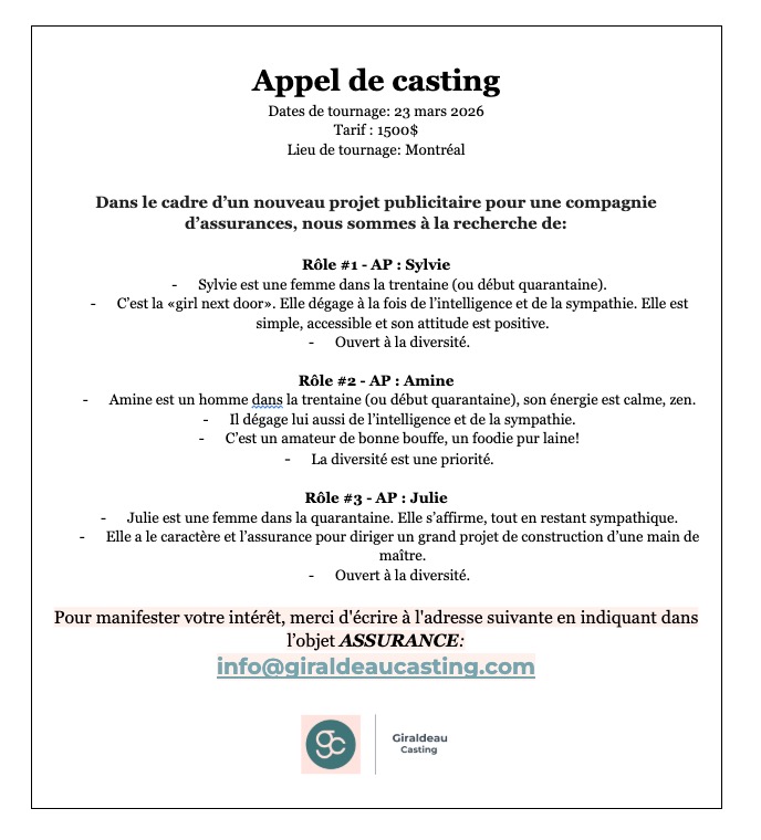 Aperçu casting publicité assurance