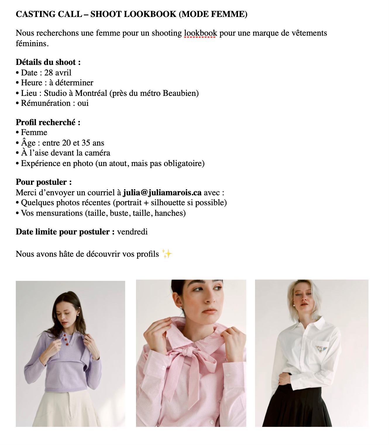 Casting lookbook mode femme
