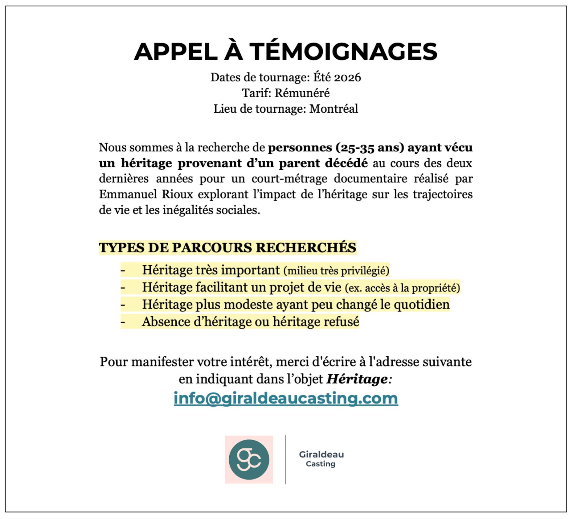 Appel à témoignages — Héritage