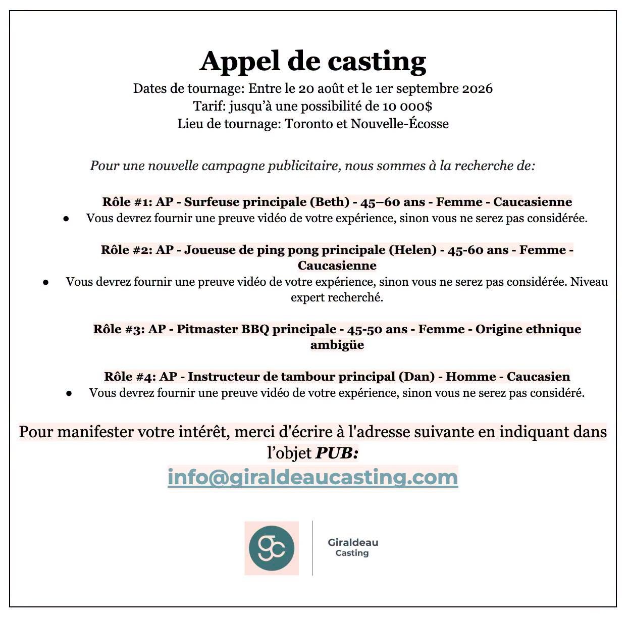 Campagne publicitaire — quatre rôles principaux