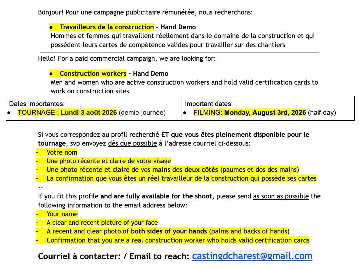 Campagne publicitaire — travailleurs de la construction