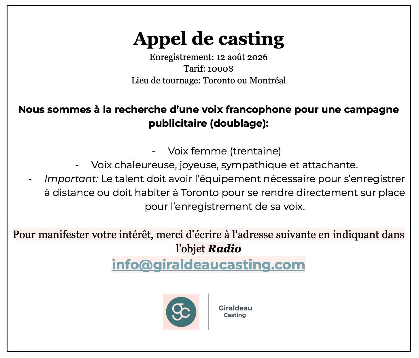 Visuel du casting voix francophone