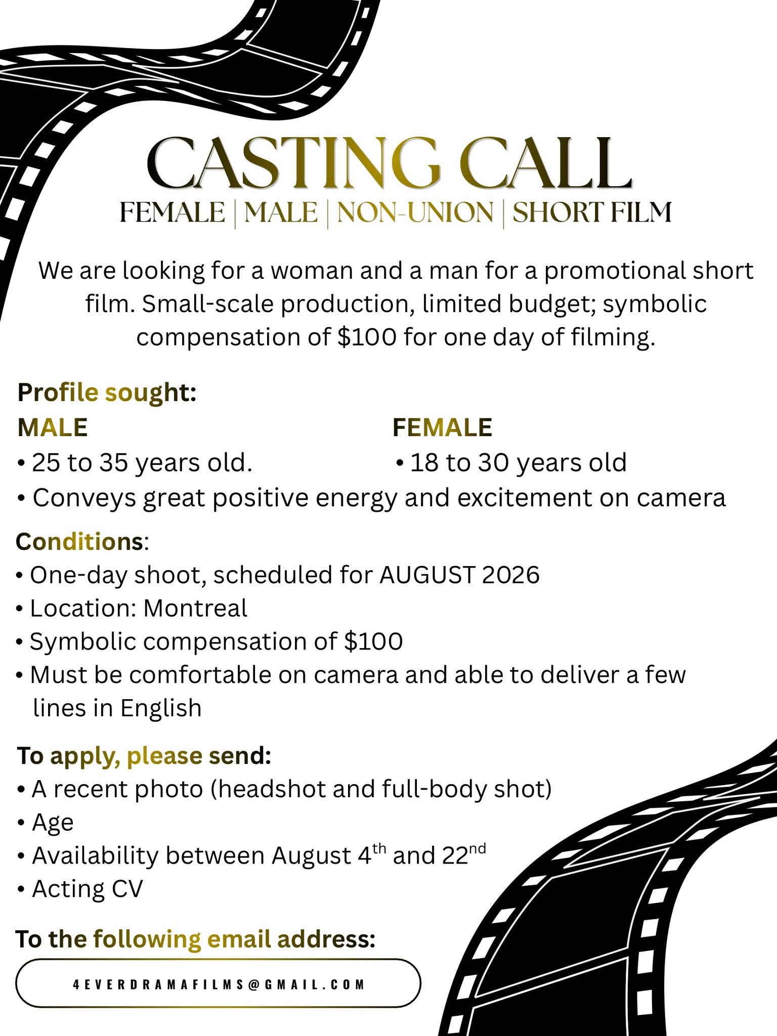 Appel de casting 4ever Drama pour un court métrage promotionnel