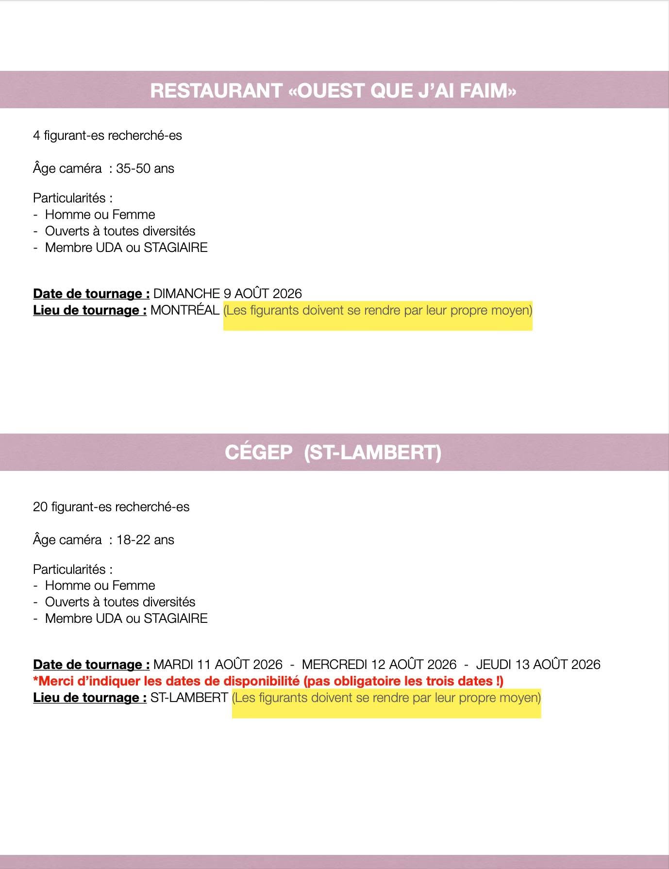 Profils de figuration pour restaurant et cégep